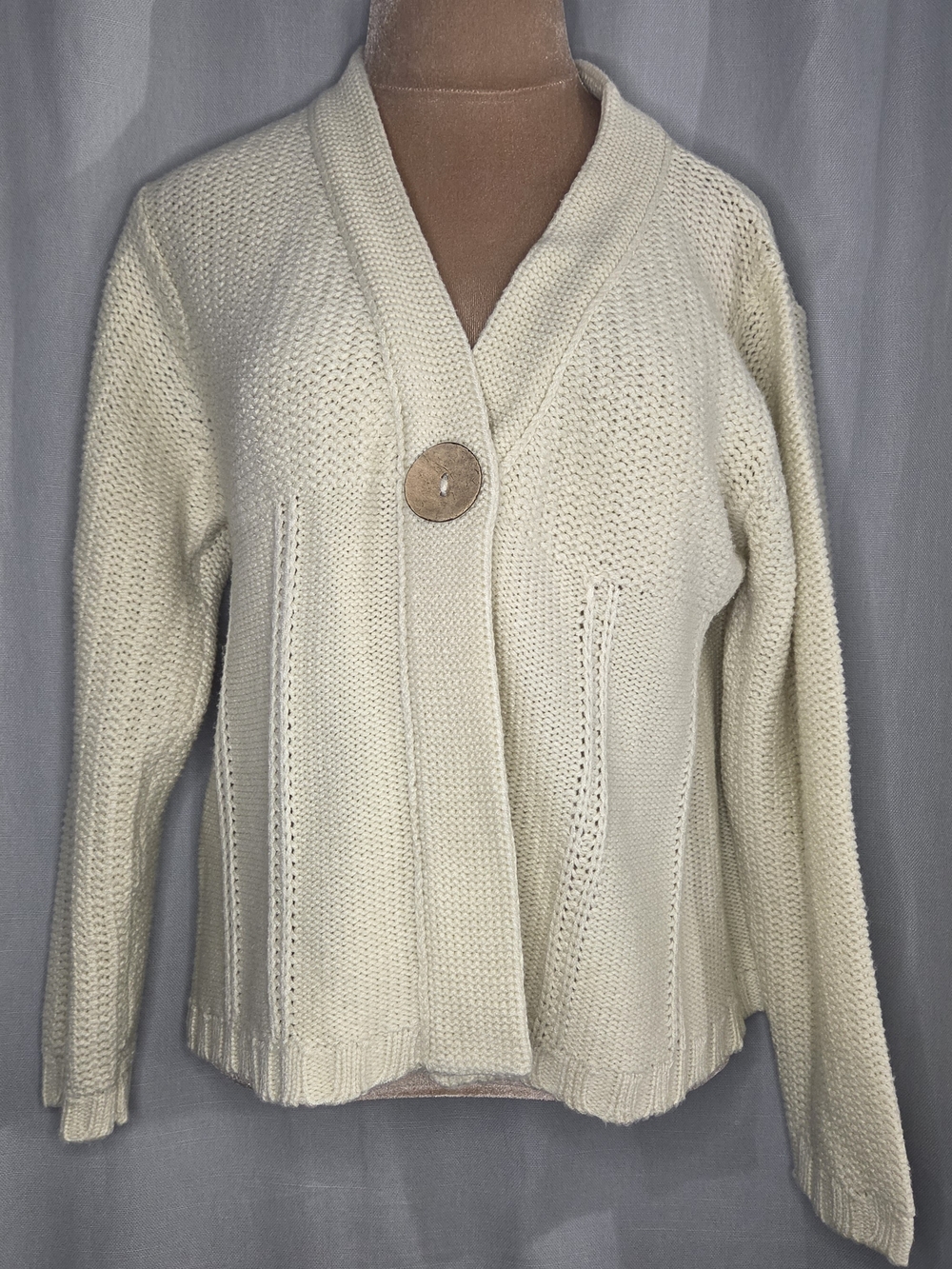 Tally Ho Cream Shawl-Collar Knit Sweater with Wooden Button Size XL